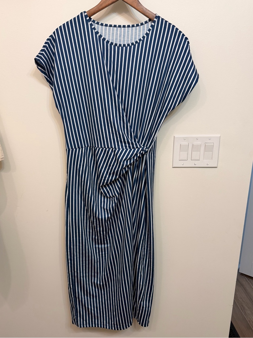 Striped Navy Blue Wrap-Detail Womens Dress